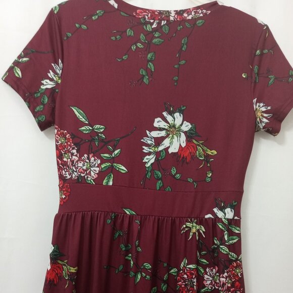 Zattcas Mock Wrap Short Sleeve Maroon Floral Long Tall Maxi Dress Size M - Picture 9 of 12